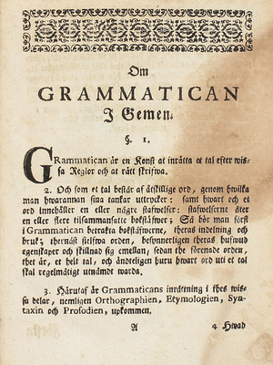 [Одна из первых грамматик русского языка]. Гренинг М. Российская грамматика. Stockholm: Tryckt uti kongl. tryckeriet hos directeuren Pet Momma, 1750.